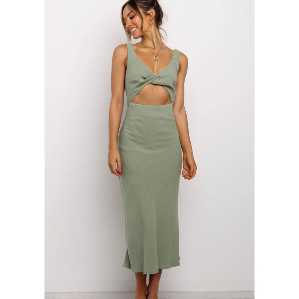 Whyte Valentyne olive sage green twist cutout midi dress